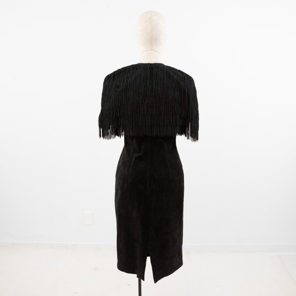 Vintage S/M Fringe Suede Leather Midi Dress Black - Picture 7 of 12